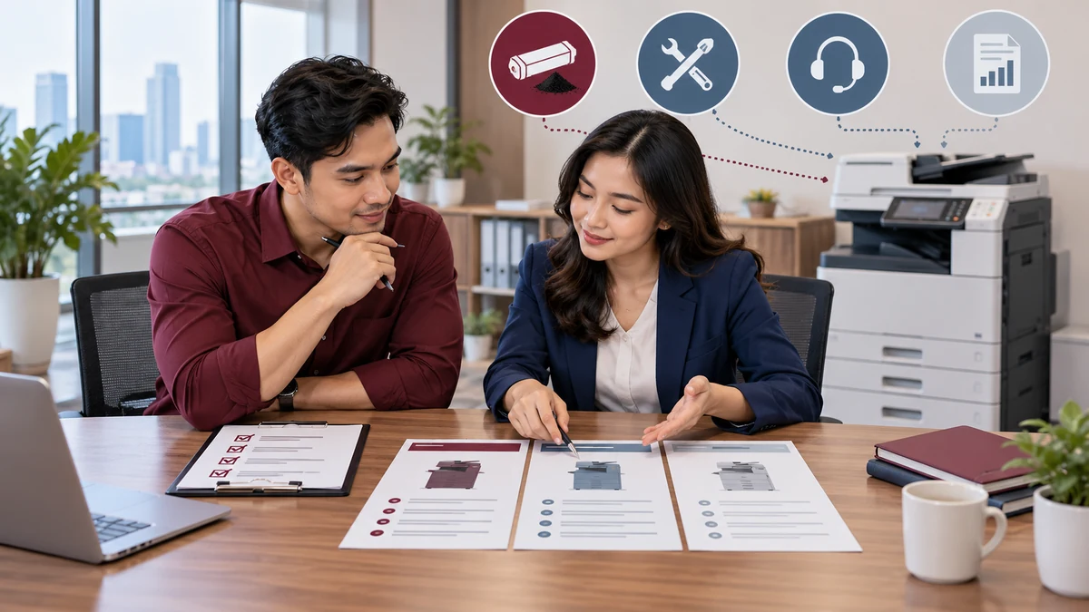 Ilustrasi tim purchasing membandingkan paket sewa mesin fotocopy dengan checklist layanan