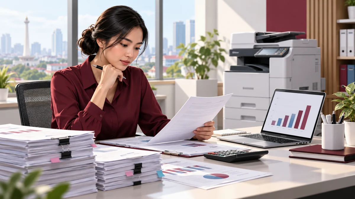 Ilustrasi administrator menghitung volume cetak kantor dari laporan dan grafik pemakaian